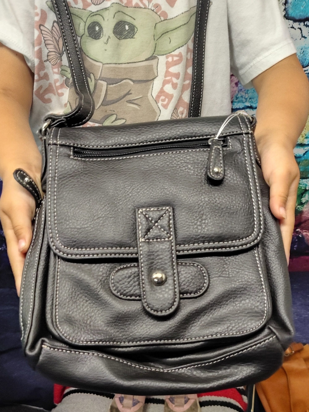 Black Shoulder Bag with White Stitching
